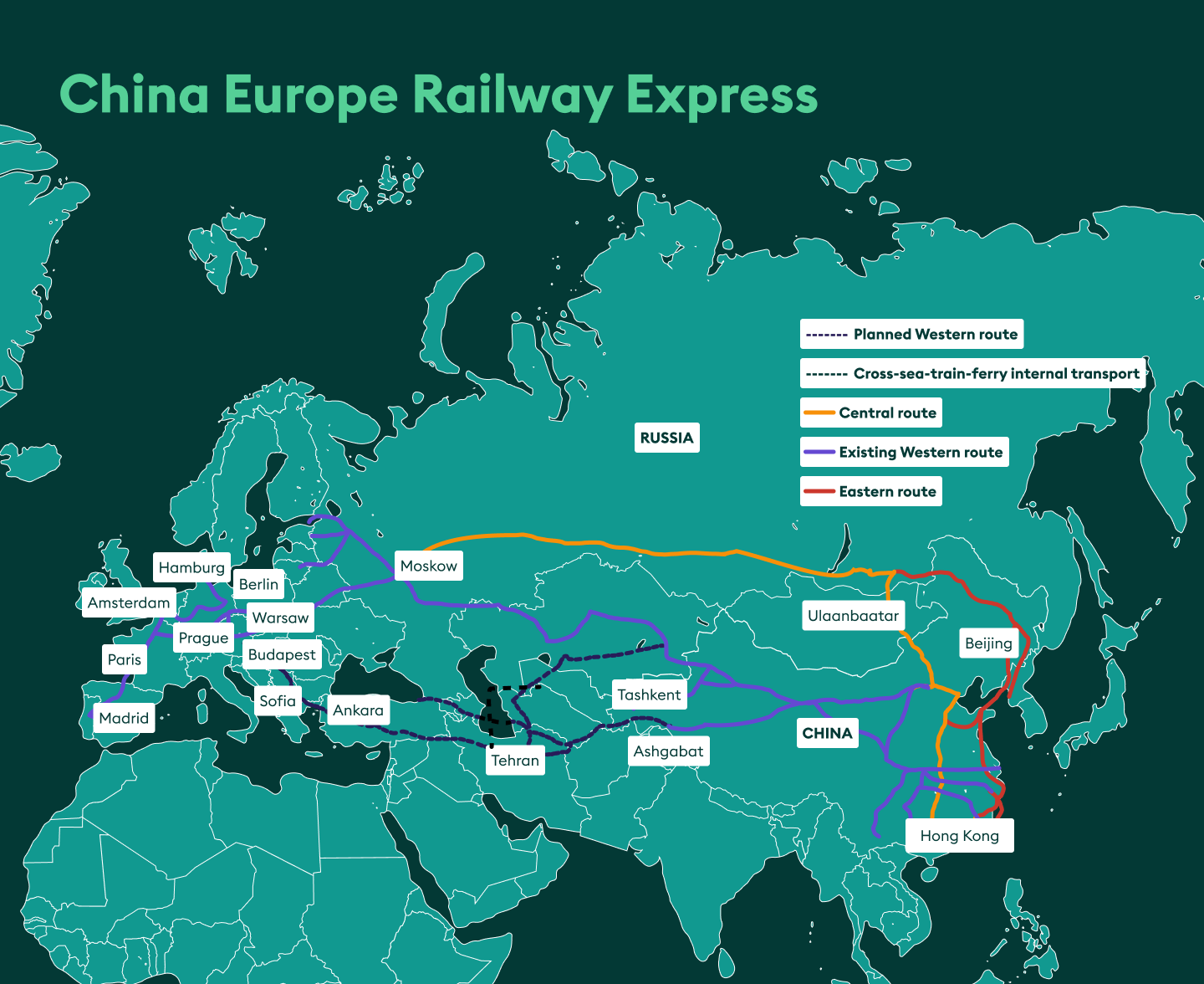 China Europe Railway express map 