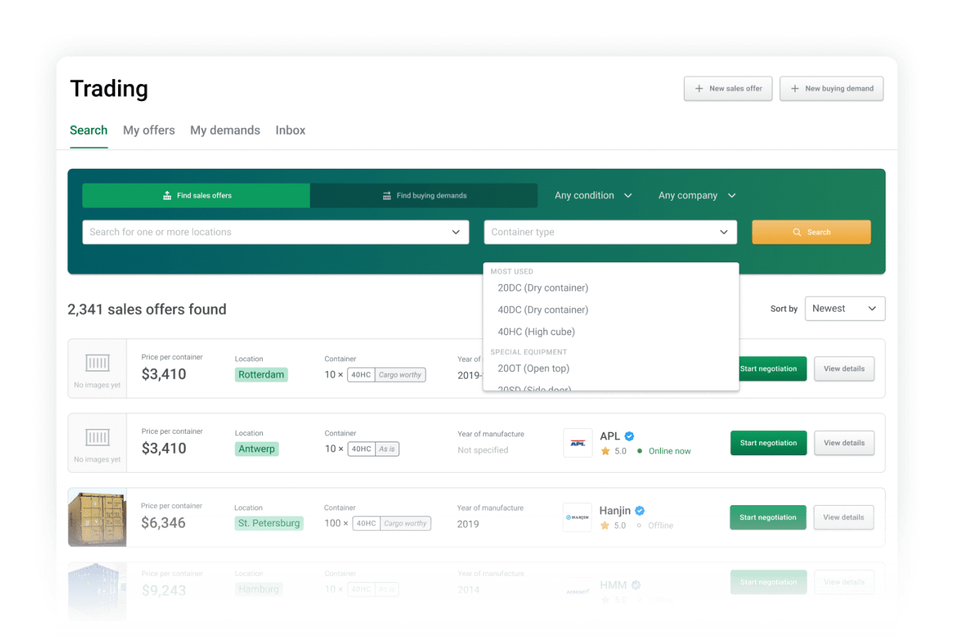 Container trading platform